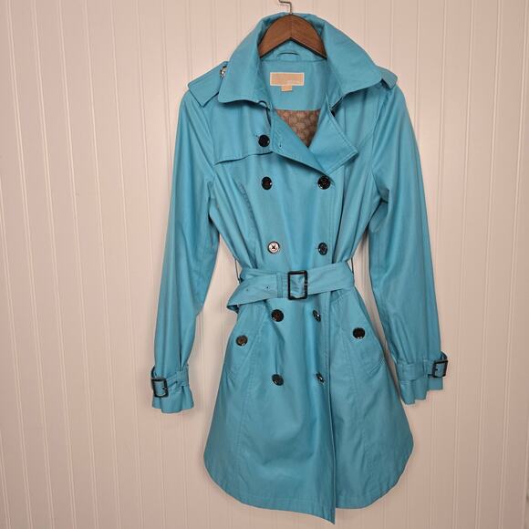 Women's Michael Kors Trench Coat Raincoat Turquoise Medium - Picture 2 of 16